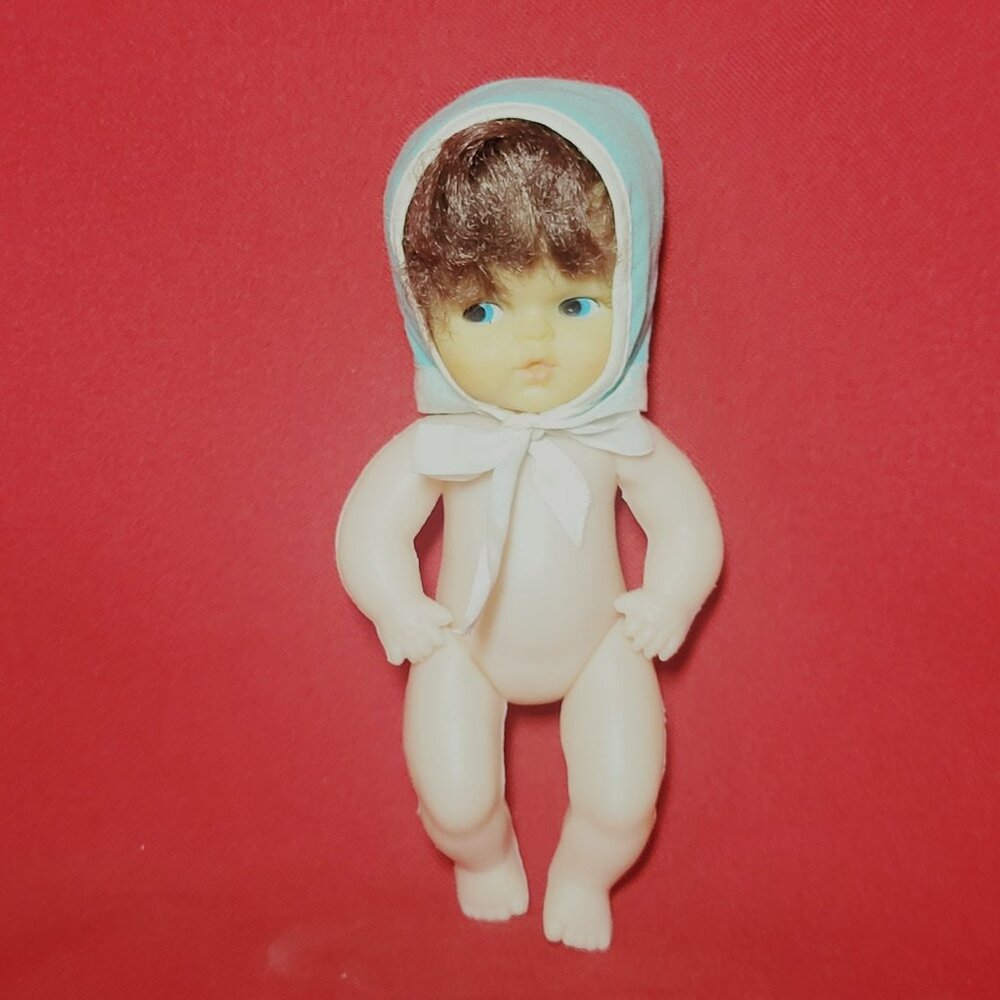 Vintage Collectible Doll Rooted Brown Hair Blue Eyes Blue White Bonnet